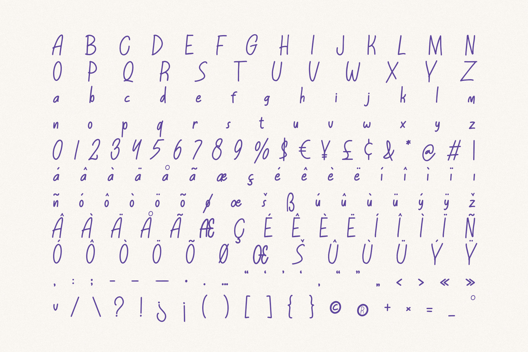 Handwritten purple script font with full character set including uppercase, lowercase, numbers, currency symbols, accents, punctuation