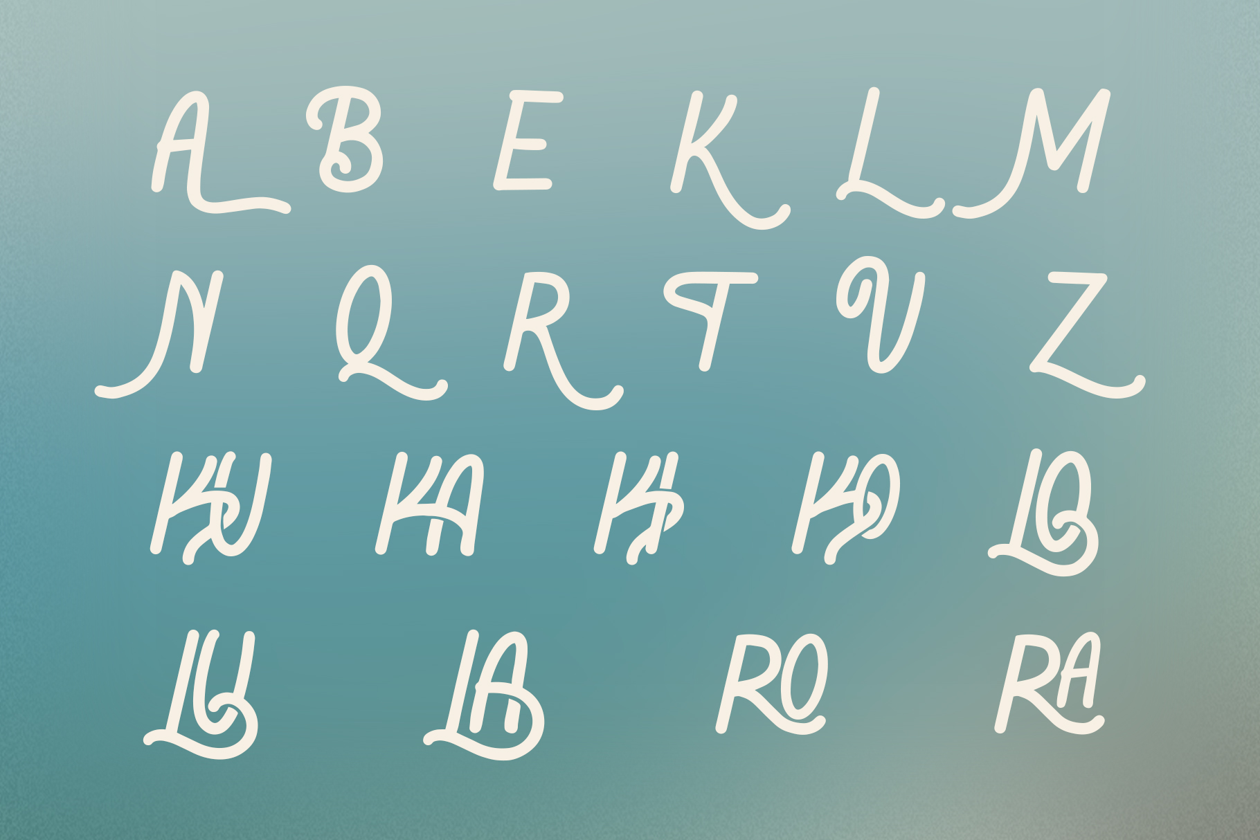 Handwritten script font with cream letters on teal gradient background showing full alphabet