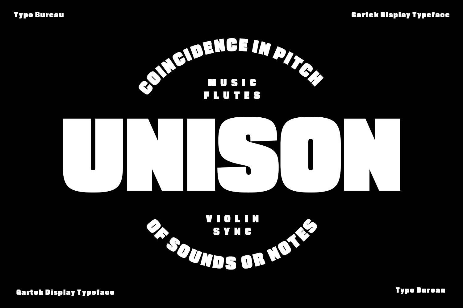 Gartek Display Typeface specimen showing bold white letterforms spelling UNISON on black background with musical references