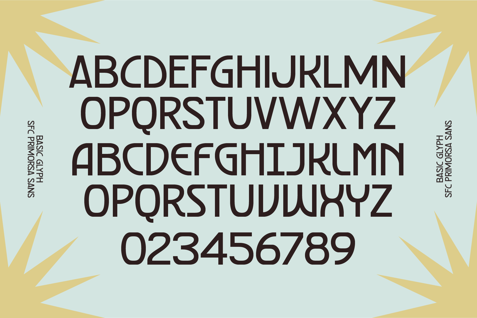 Font specimen sheet with full character set, numbers, punctuation on light background