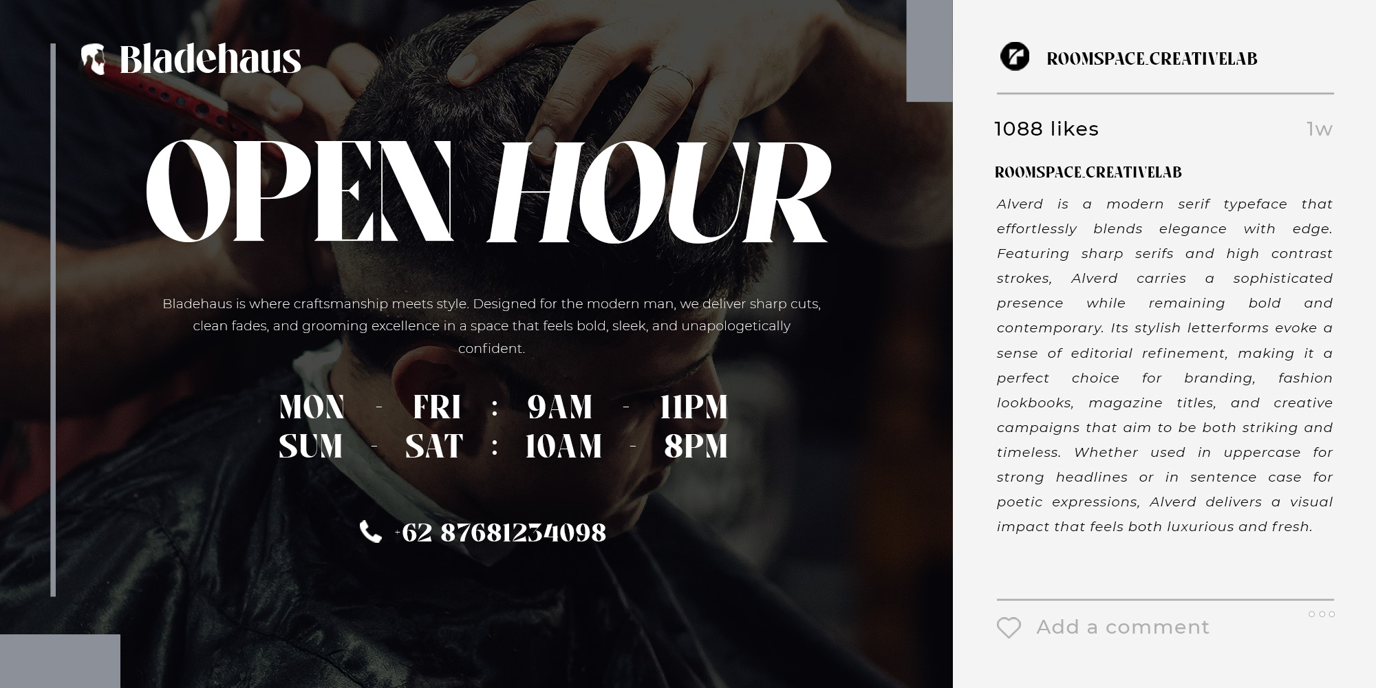 Bladehaus barbershop open hour poster with sharp serif typography on dark moody background