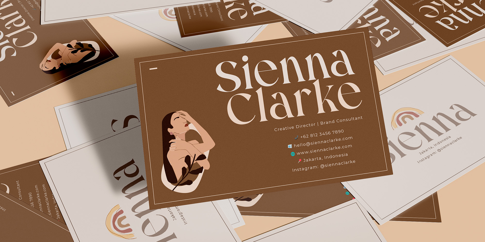 Brown business card mockup with Sienna Clarke name, creative director title scattered with printed materials