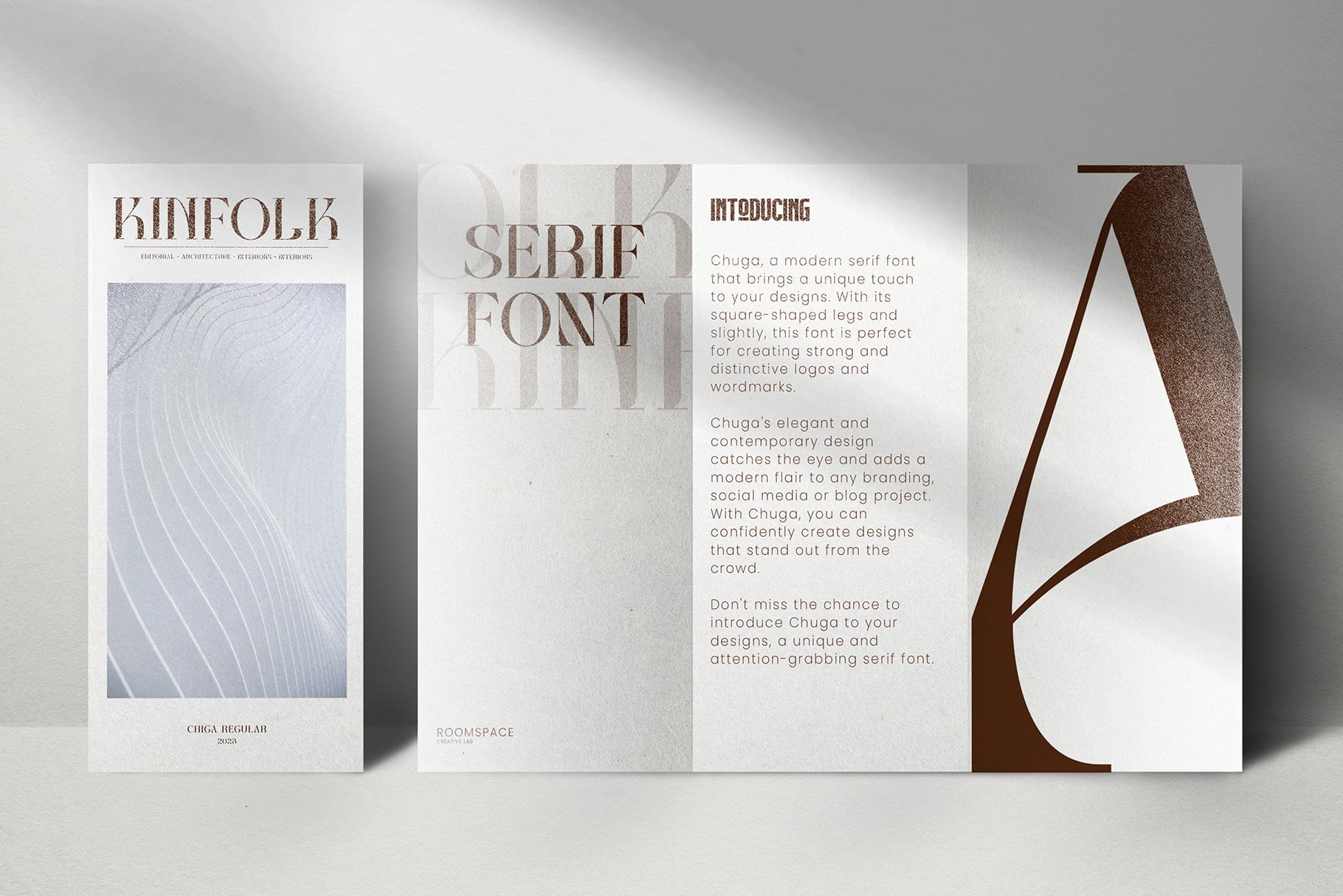 Four panel branding mockup featuring Chiga serif font with minimalist layouts