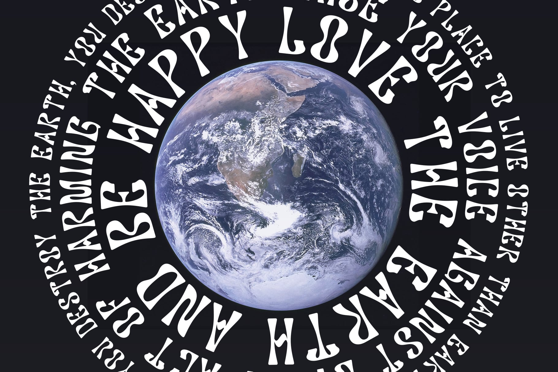 Earth sphere centered in circular text layout on black background