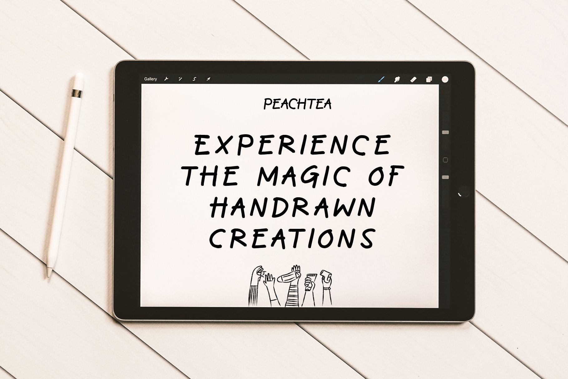 iPad showing Peachtea font with handdrawn figures, stylus lying nearby