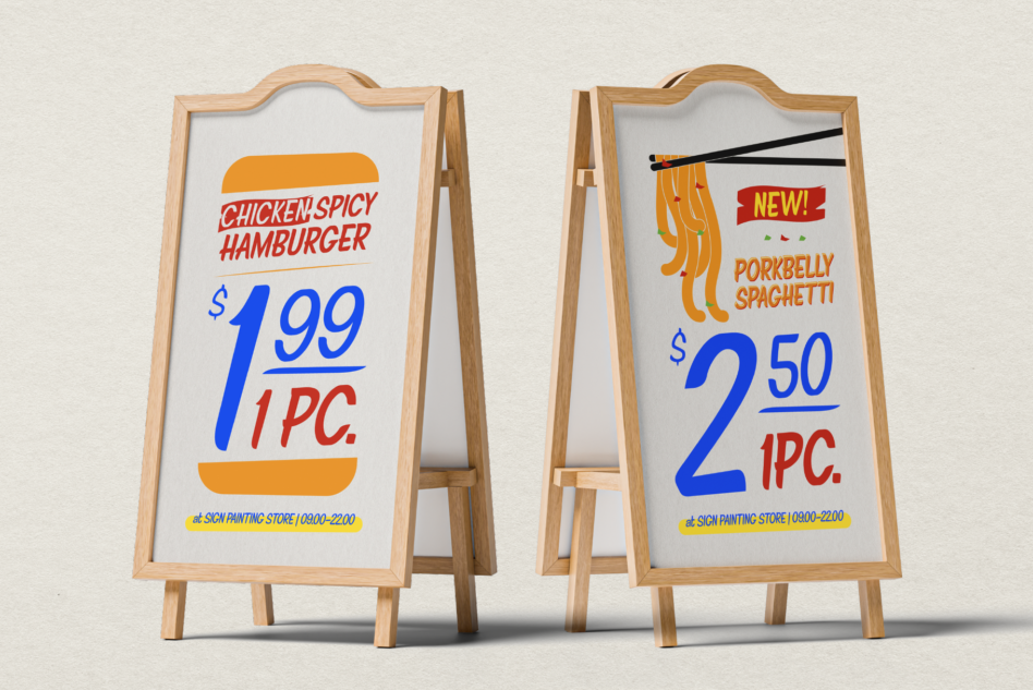 Two wooden sandwich board menu signs displaying retro deli items with prices chicken spicy hamburger porkbelly spaghetti