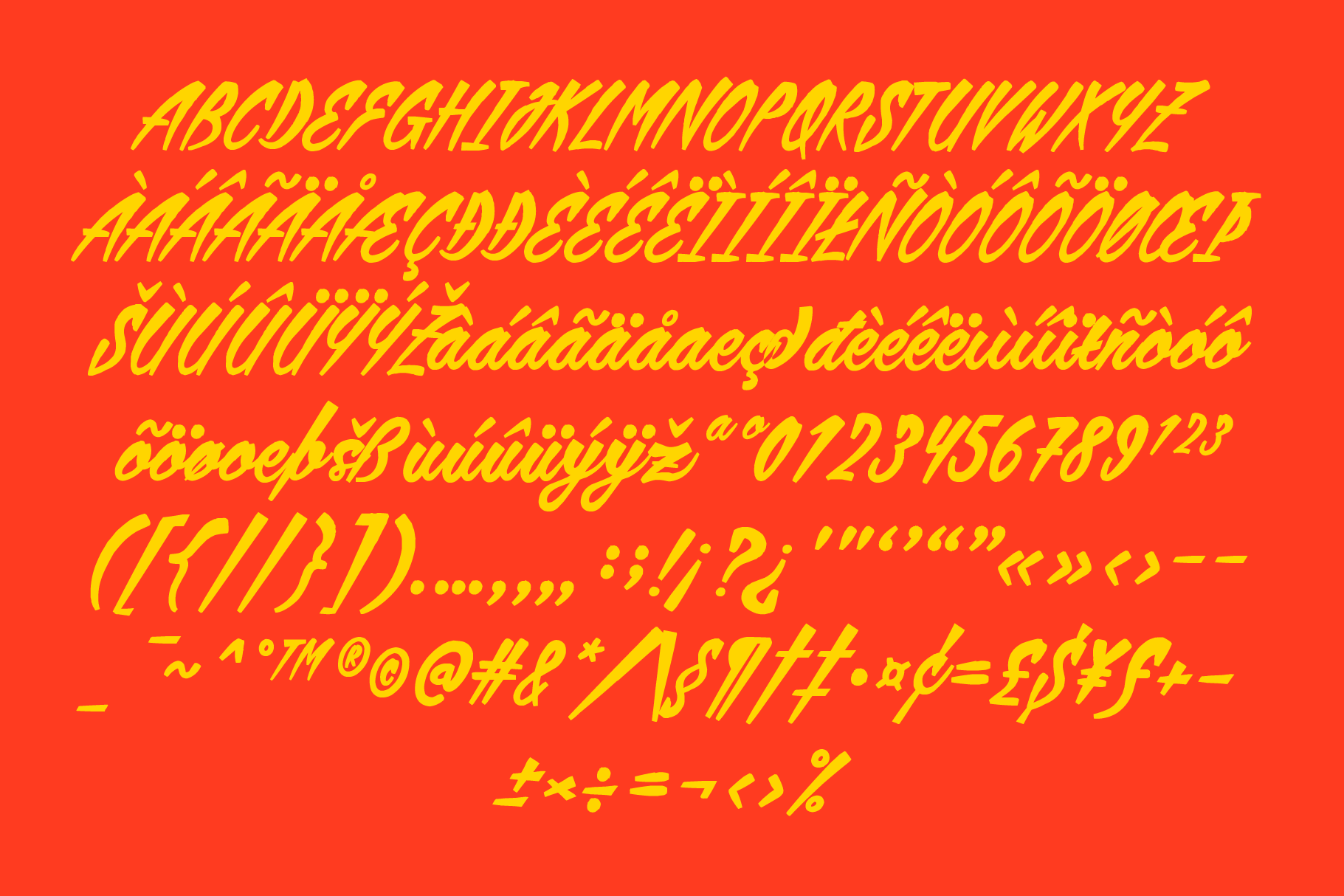 Bold italic typeface in neon yellow on vibrant red background showing full character set