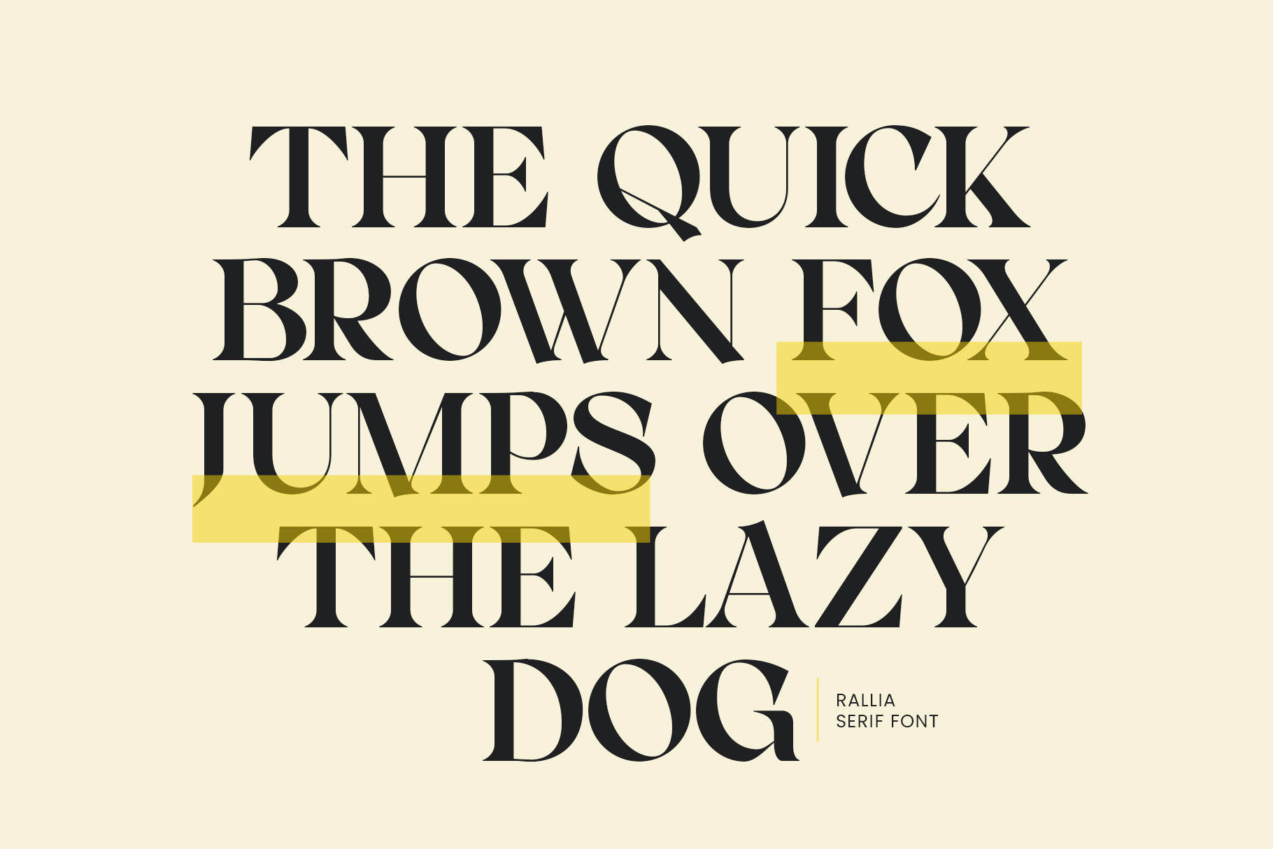 Classic serif font specimen showing pangram with yellow highlight bars