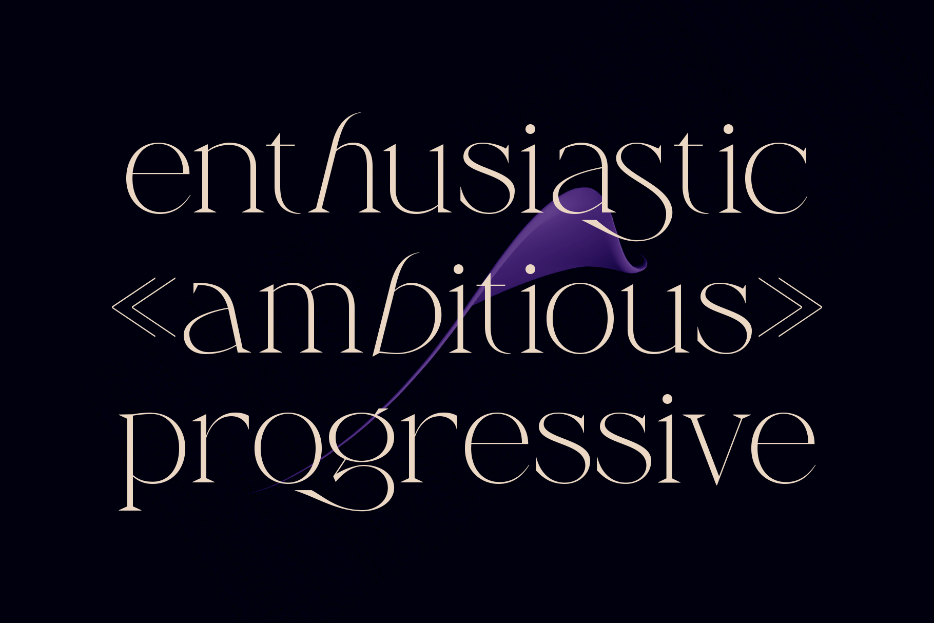 Serif font specimen showing enthusiastic ambitious progressive text with purple liquid swoosh design
