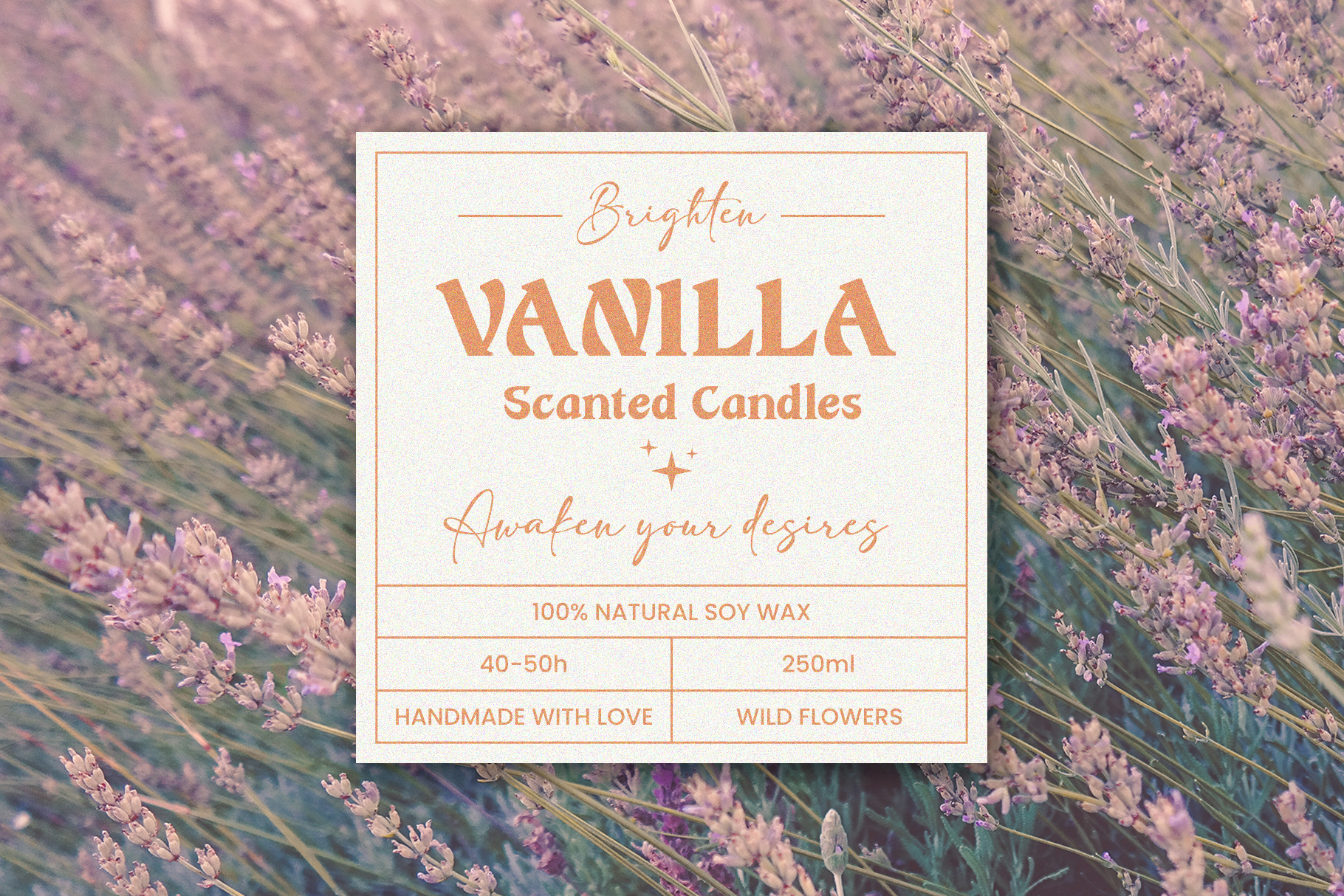 Vanilla scented candle label overlay on lavender field background with product details