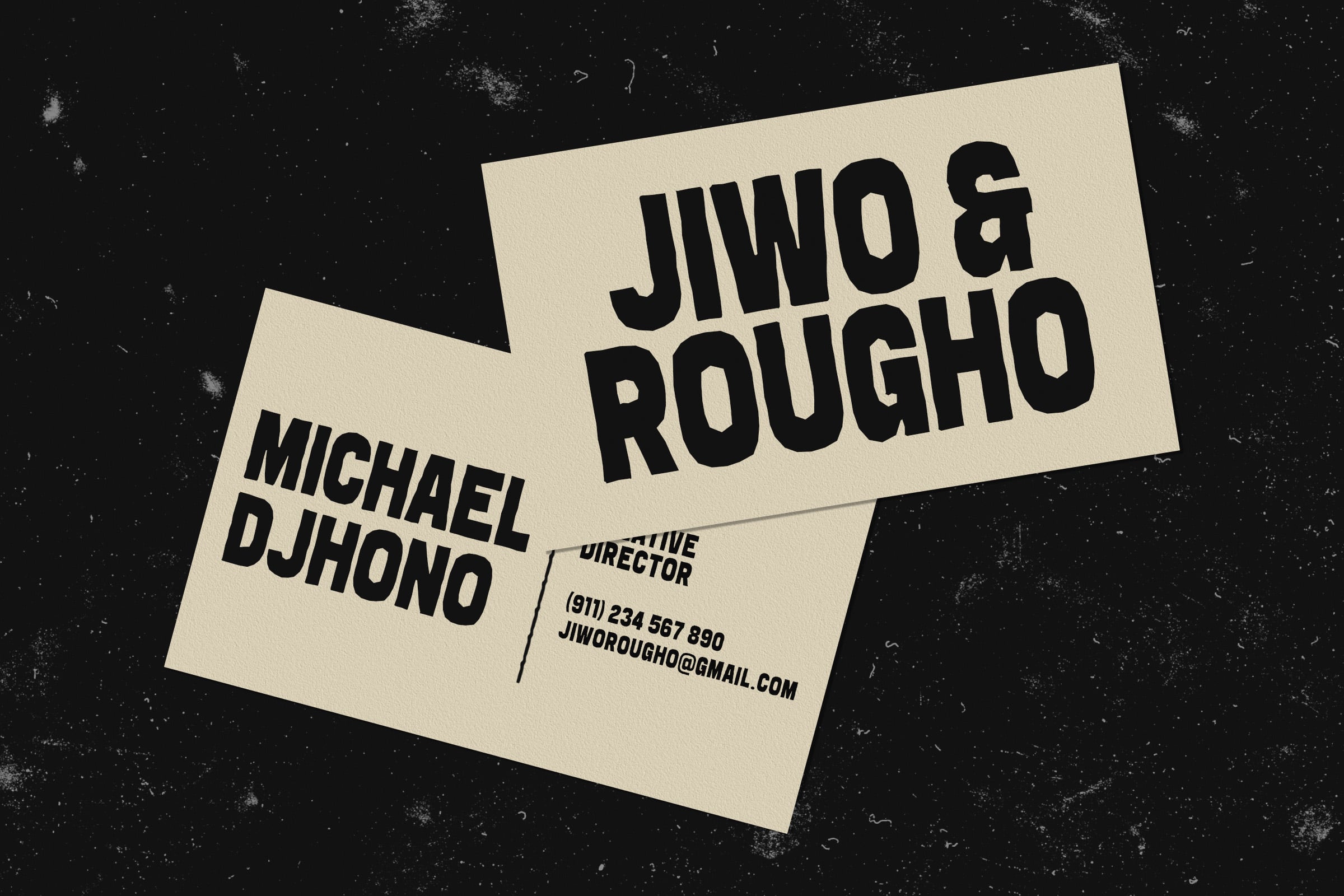 Business card mockup with Rougho typeface on grunge dark surface