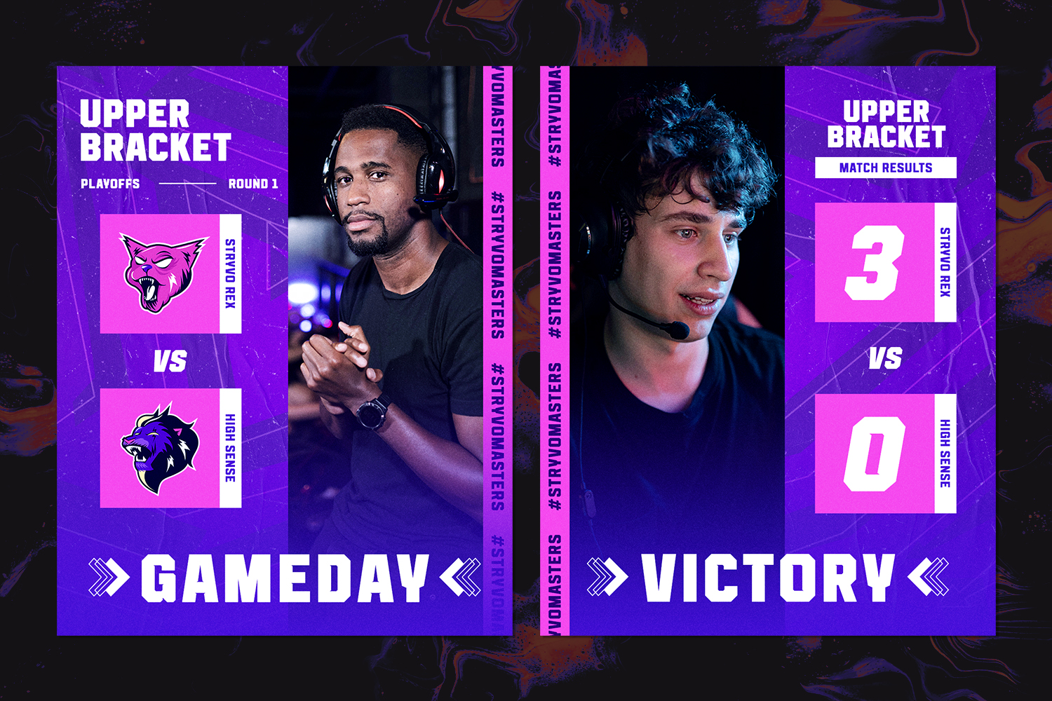 Esports bracket graphic with two gamer photos, pink purple neon colors, match results showing team logos in upper bracket playoff round one
