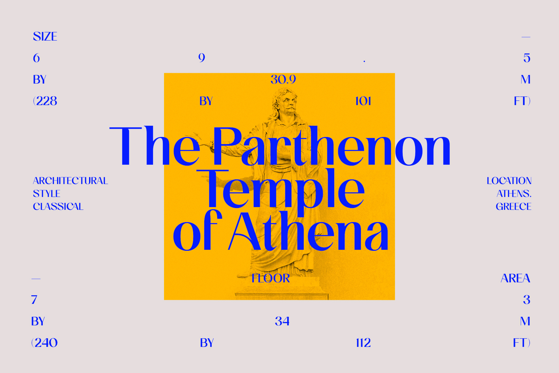 Bold blue typography over bright yellow with classical statue of Athena centered on architectural floor plan