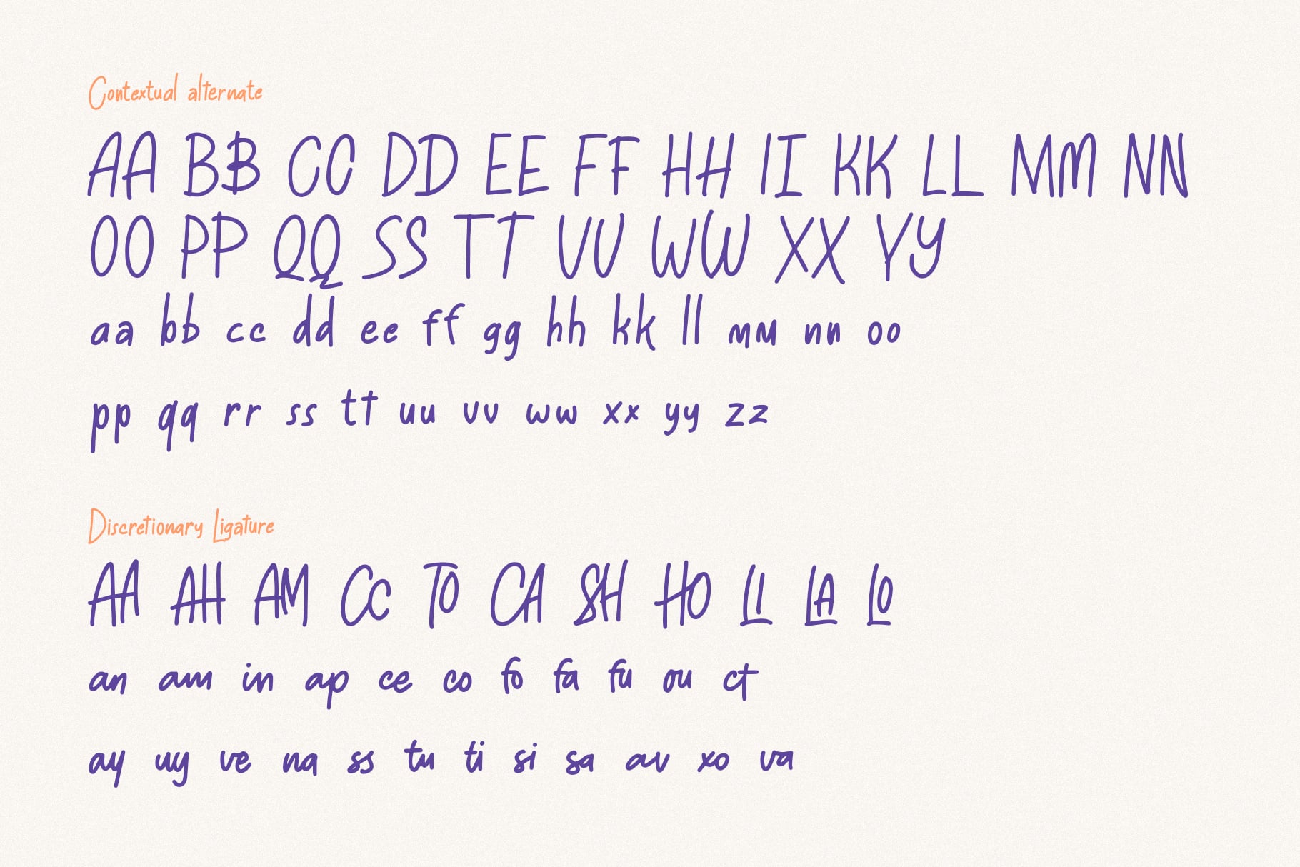 Font character set showing contextual alternates plus discretionary ligatures in blue