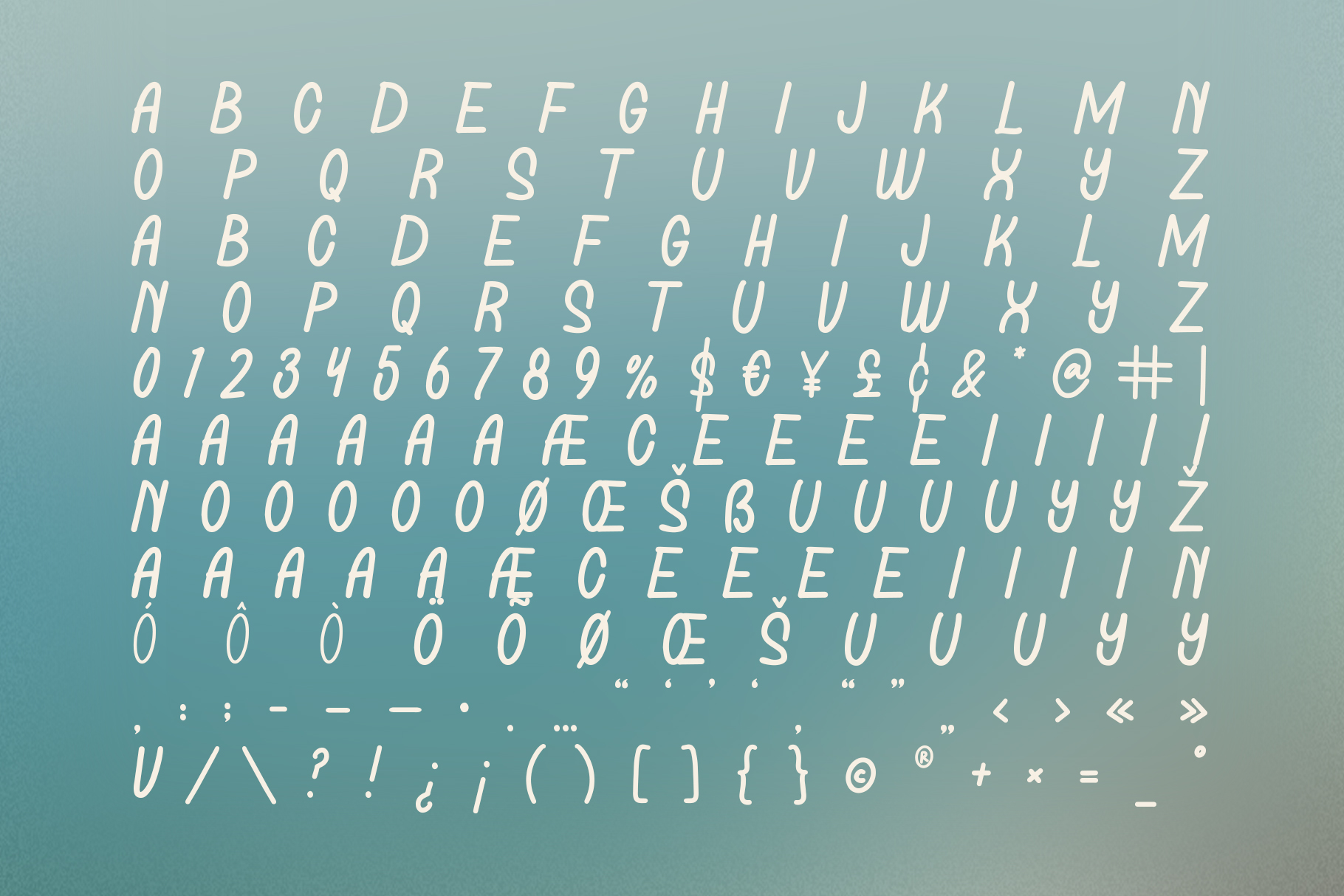 Italic sans-serif font with complete character set on soft blue-green background