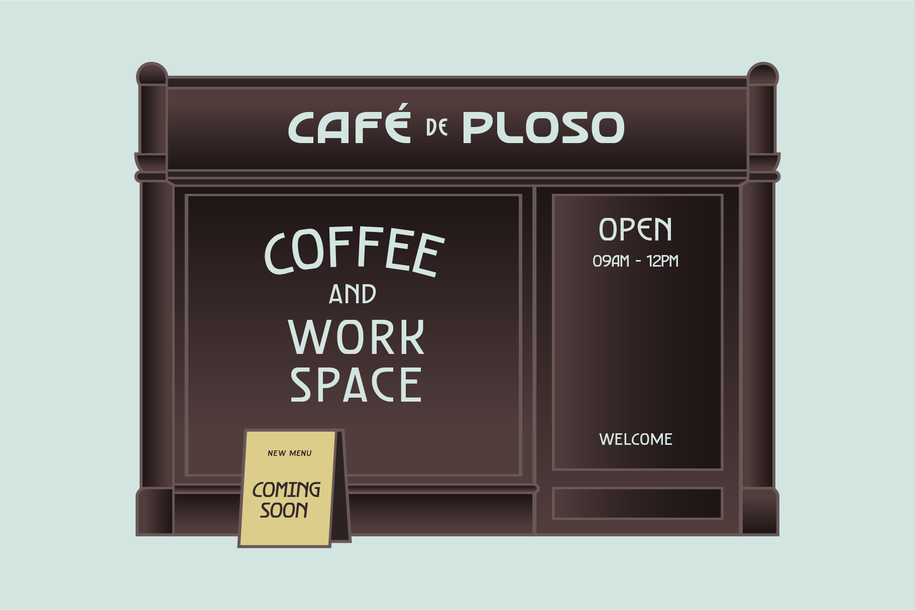Storefront mockup for Café de Ploso coffee shop with opening hours