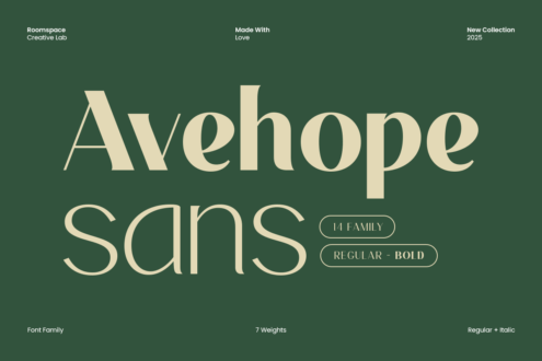 Avehope Sans typeface in cream on forest green, showing 14 family weights
