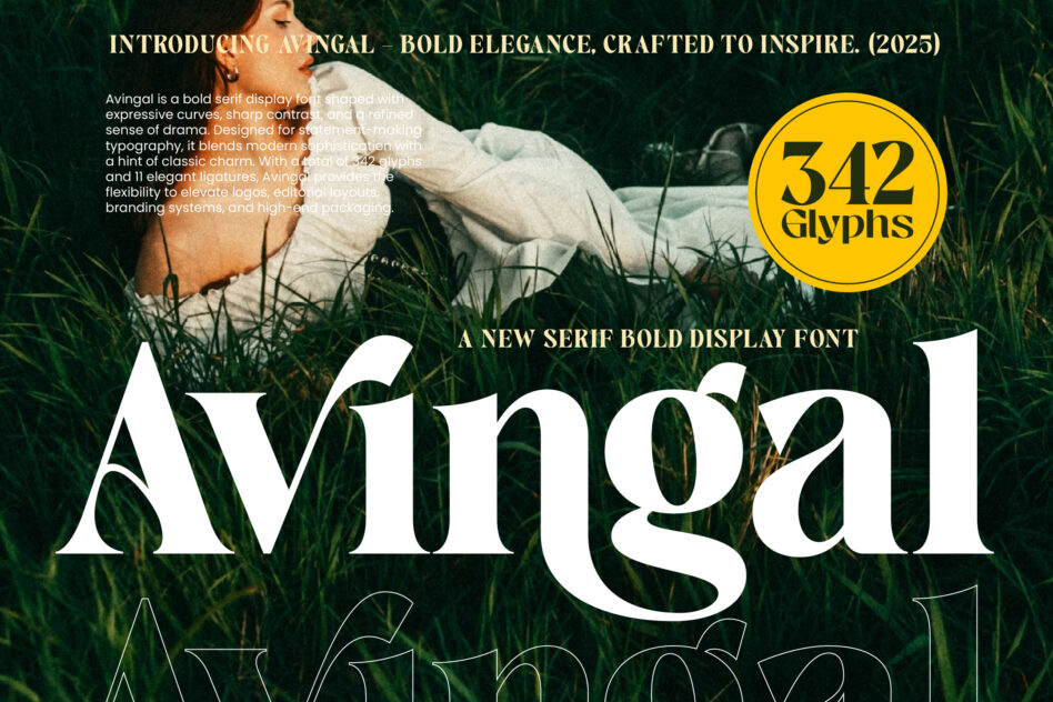 Avingal serif display font with 342 glyphs, elegant curves, sharp contrast shown over moody nature background