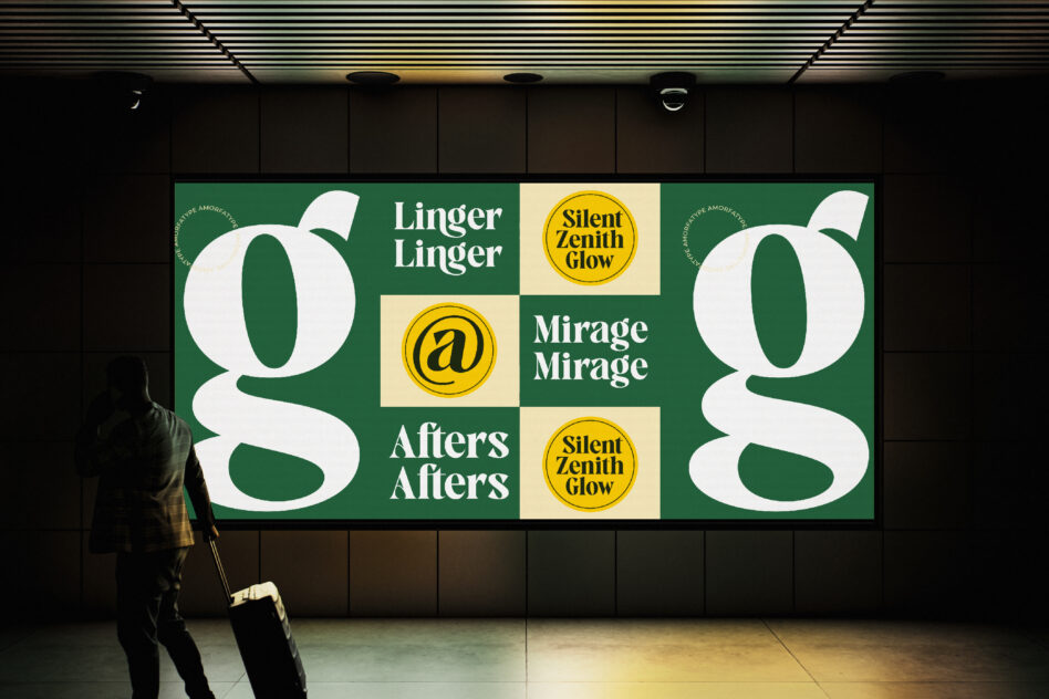 Retro billboard mockup with bold sans serif fonts on green, cream, yellow circles in modern subway station
