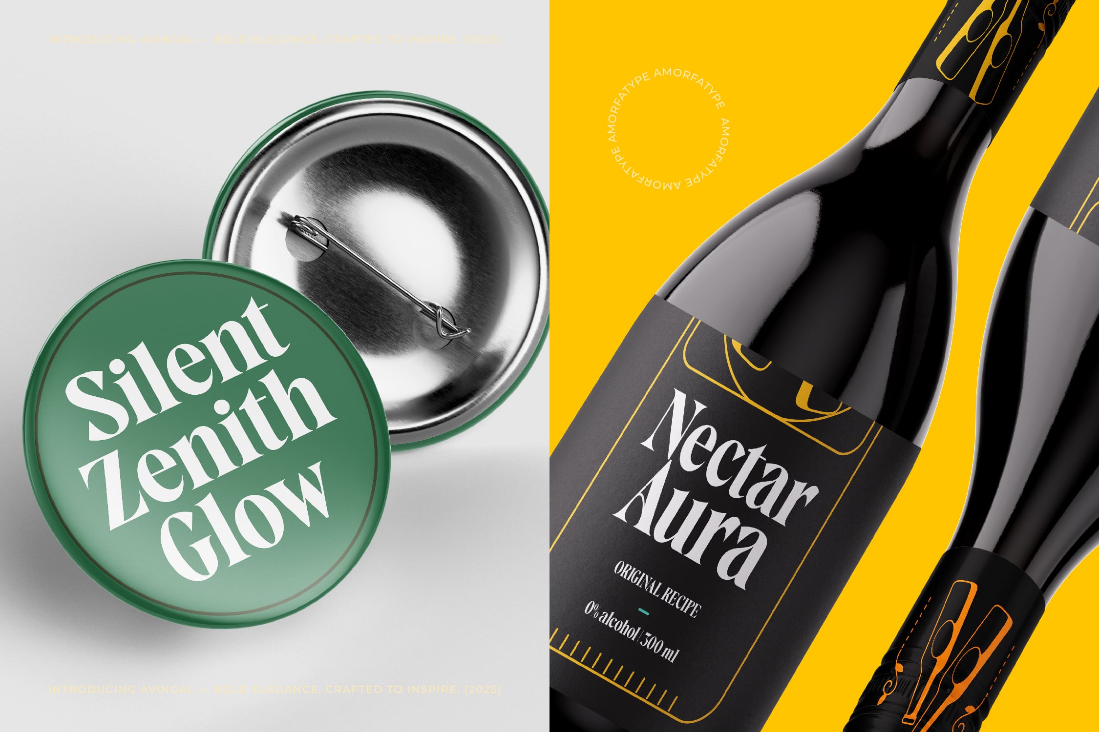 Button badge mockup with champagne bottles on bright yellow background