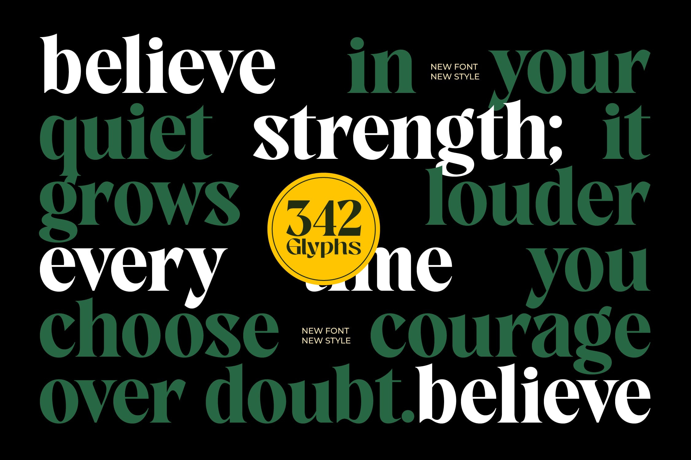 Motivational serif font specimen showing 342 glyphs in green, white, cream on black background
