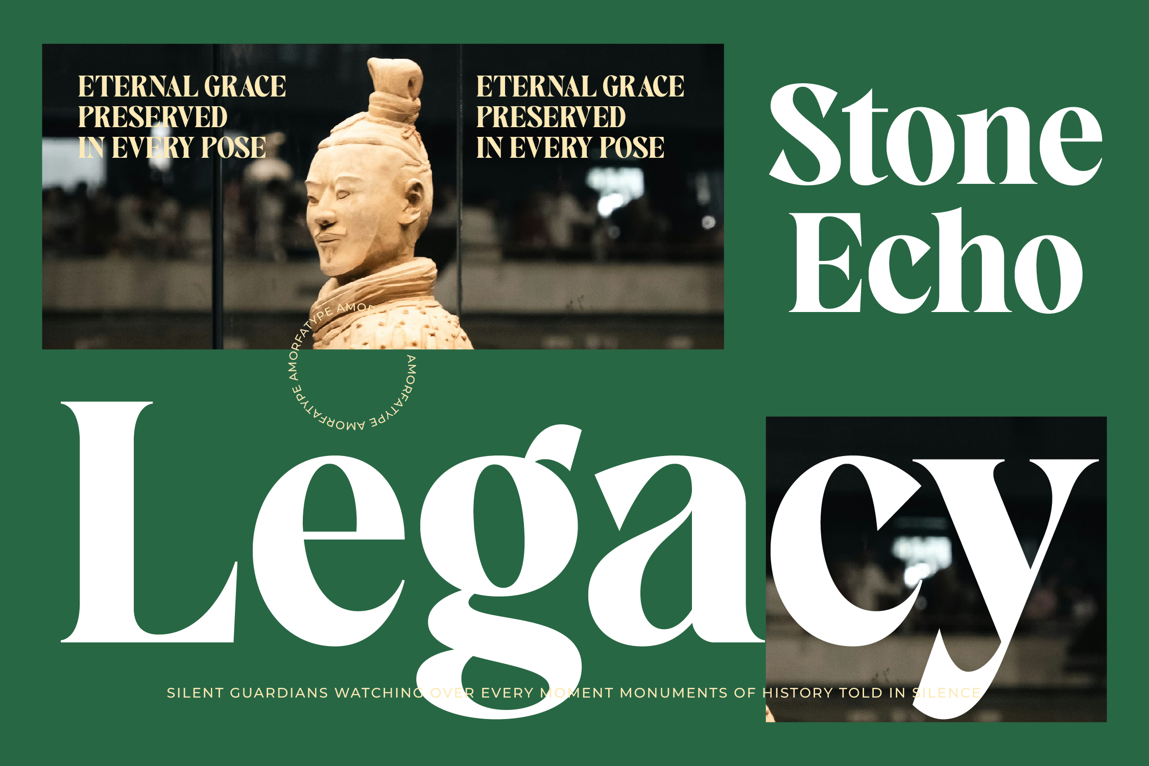 Stone statue mockup with serif typography on green background
