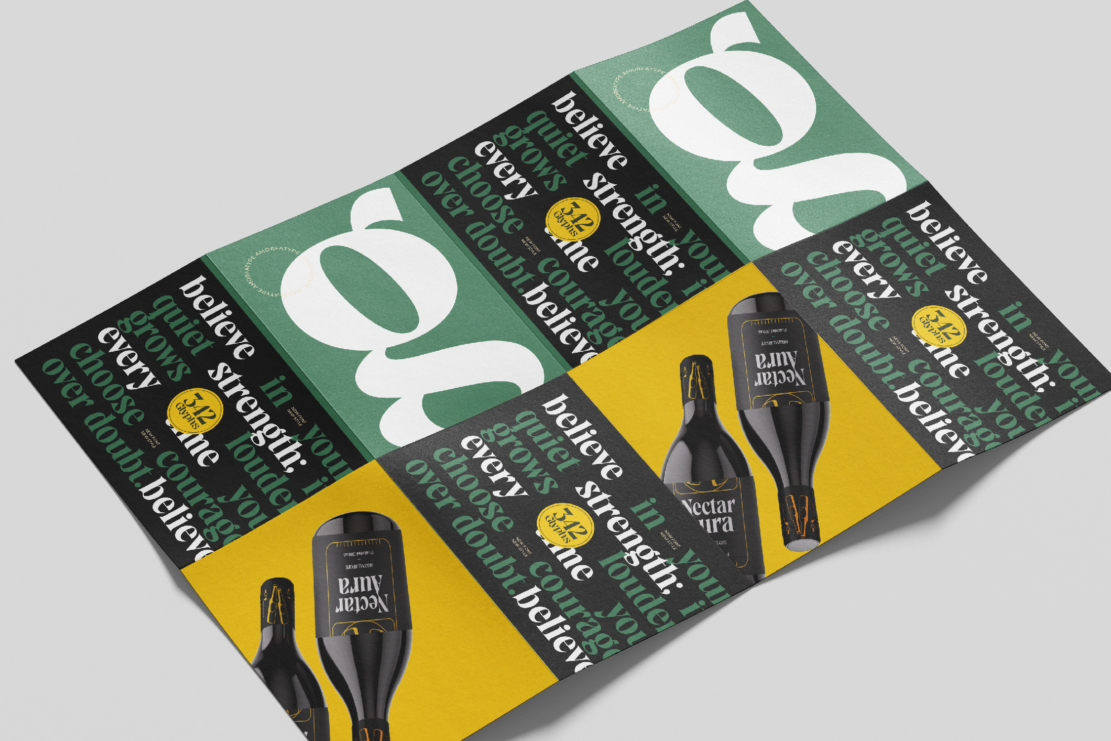 Folded trifold brochure mockup showing wine bottles on yellow with green typography panels