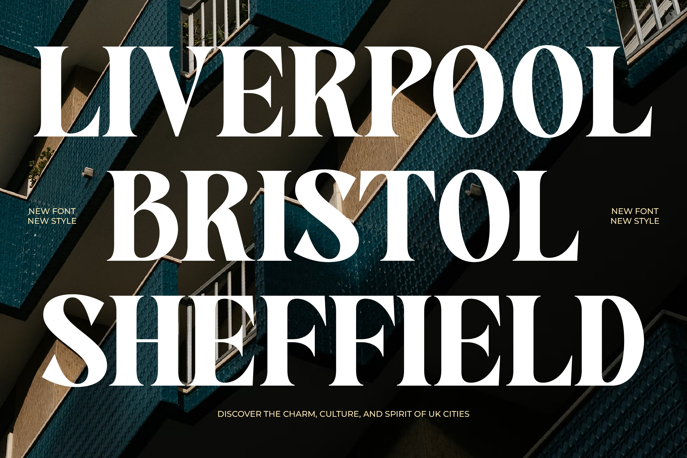 Liverpool Bristol Sheffield serif font display with teal textured background