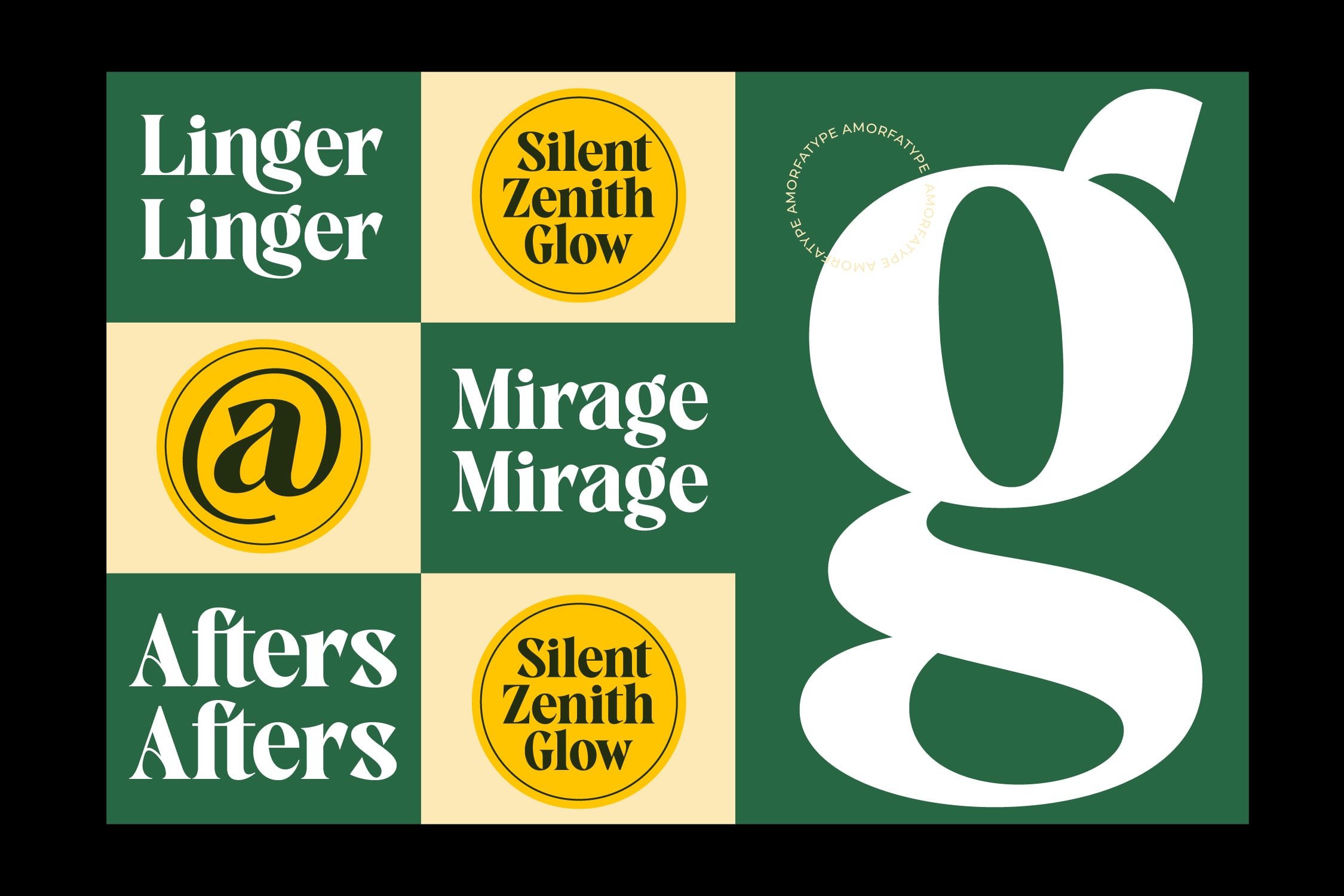 Grid layout with serif type samples on forest green, cream circles with yellow badges, organic curved shapes