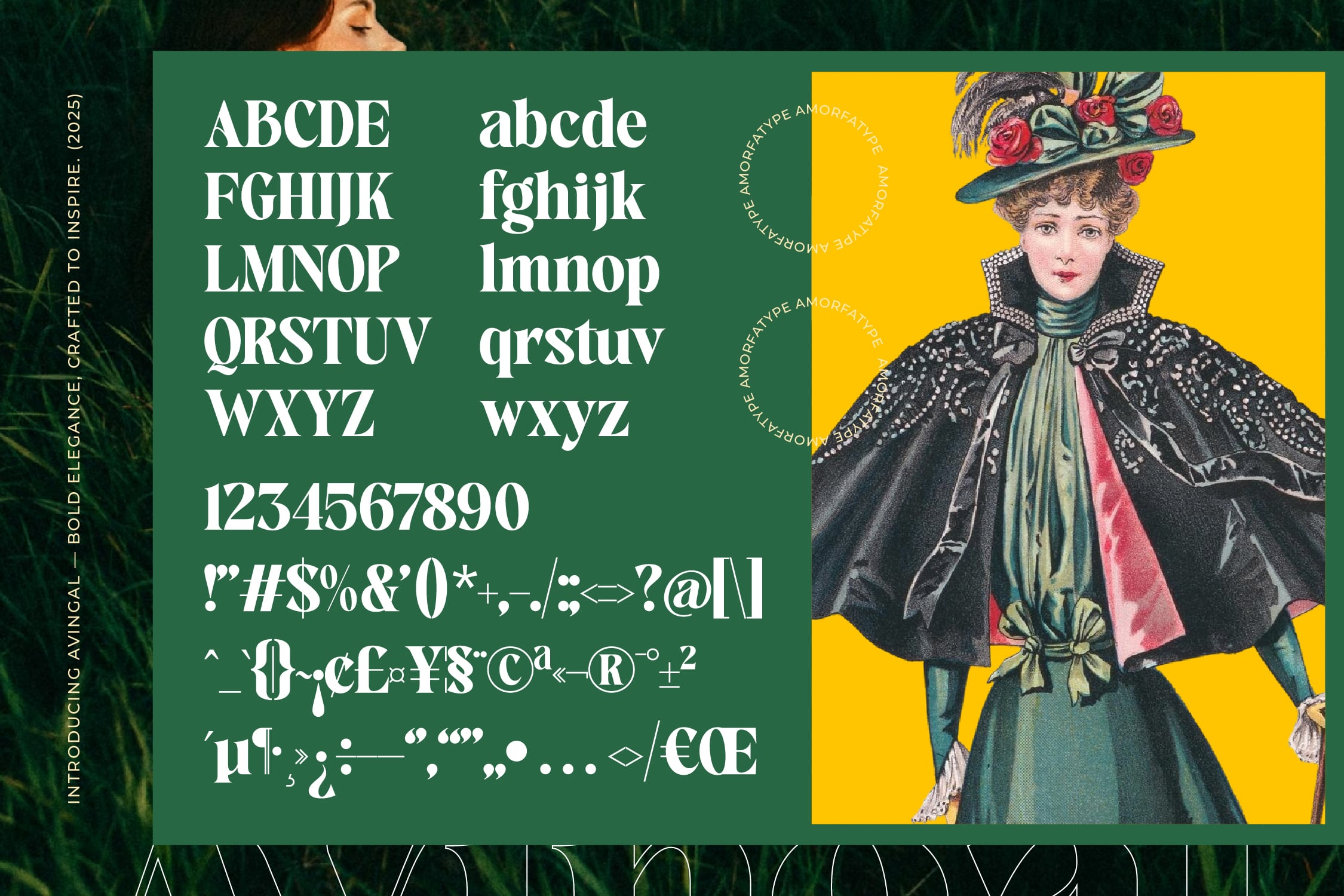 Elegance serif font display with uppercase, lowercase, numbers, symbols plus vintage woman illustration on yellow
