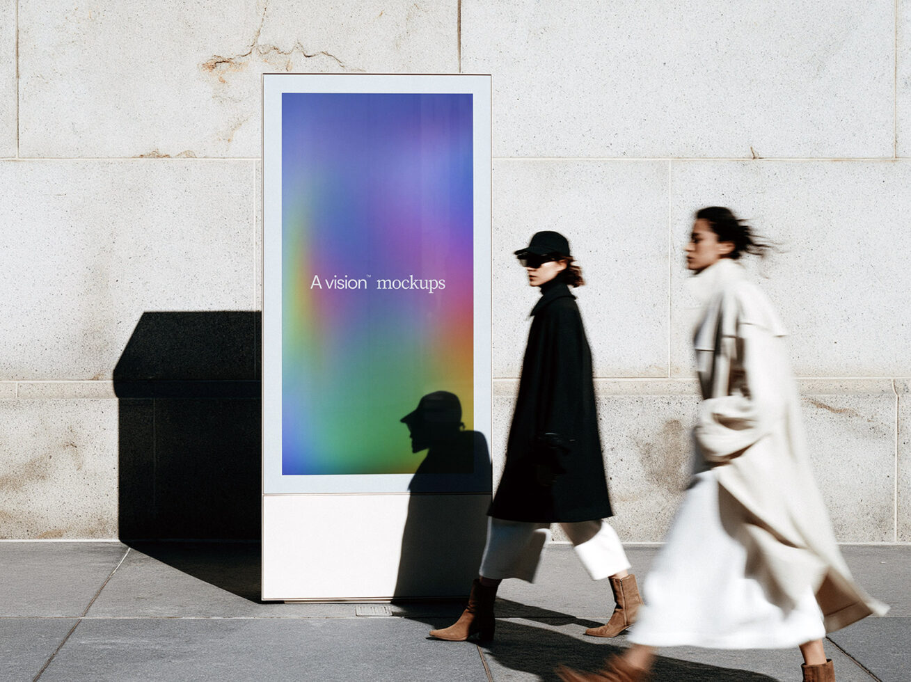 Vertical display screen on street with gradient background, people walking past in blurred motion