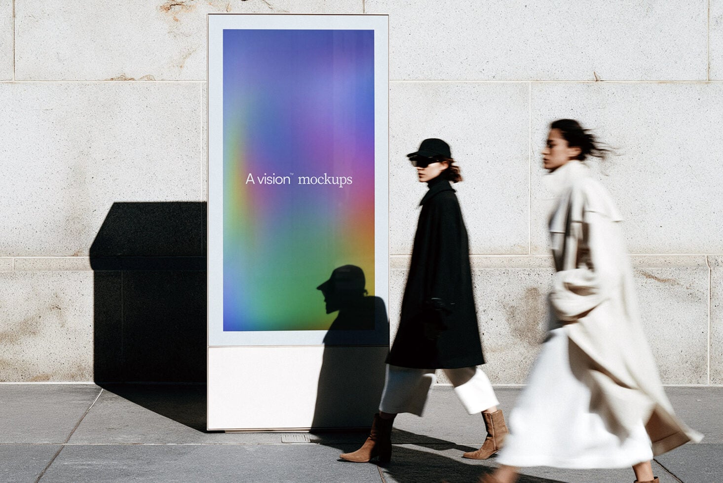 Outdoor digital screen mockup with rainbow gradient, people passing in front of weathered wall