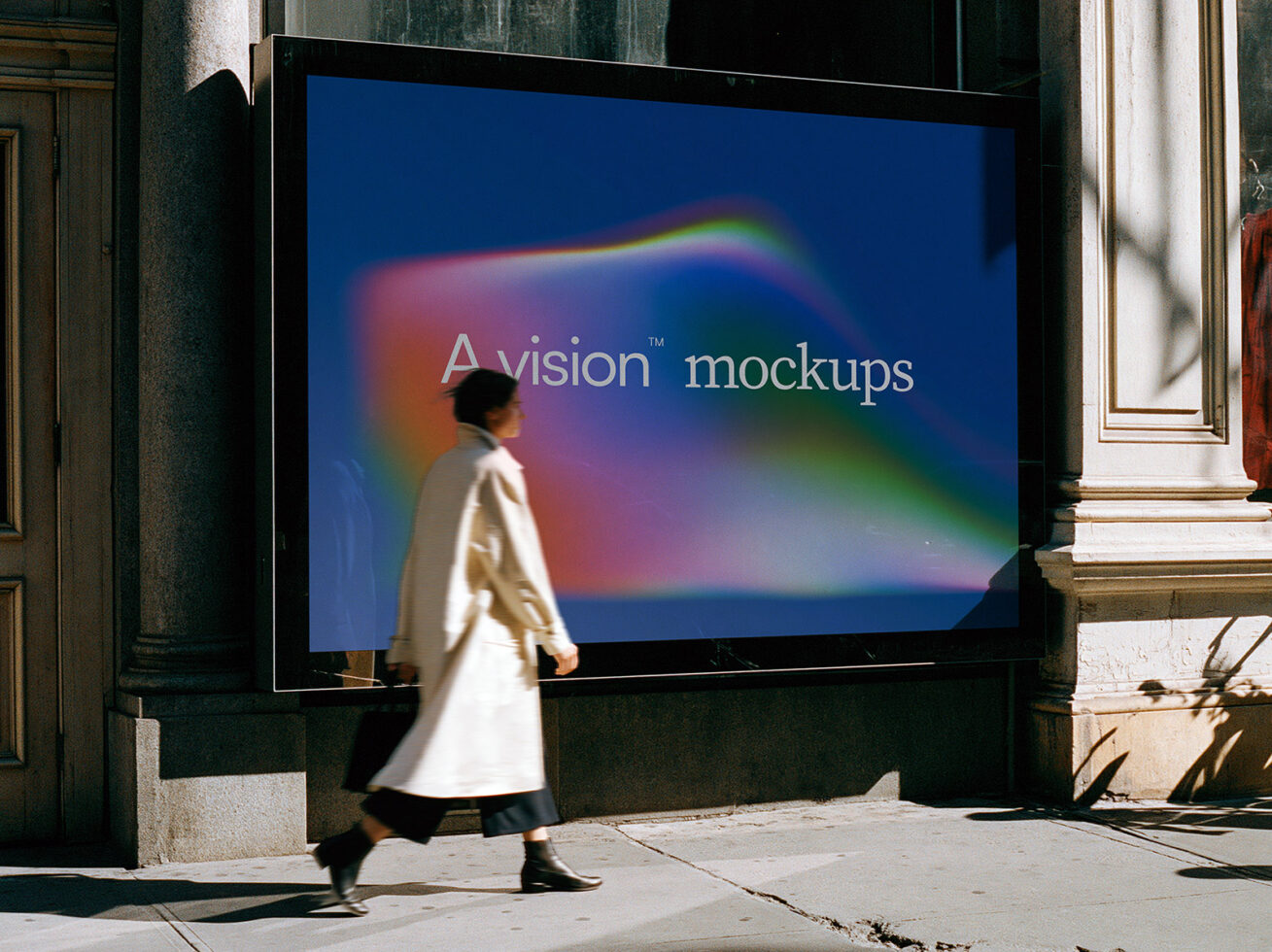 Street billboard mockup with vibrant gradient glow, person walking past storefront display