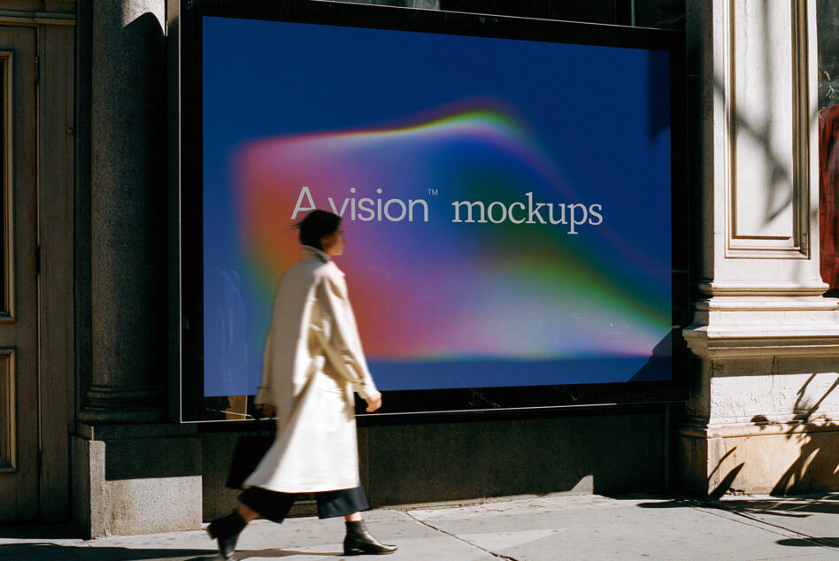 Street-level billboard mockup with vibrant gradient background, person walking by in cream coat