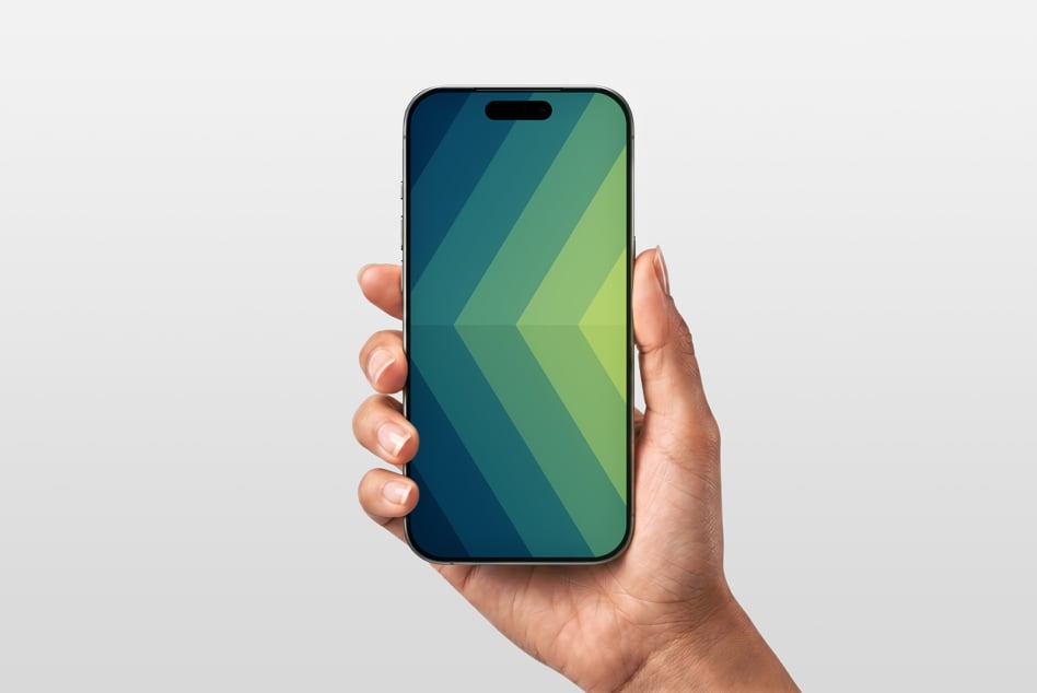 Hand holding iPhone with blue to green chevron pattern on display