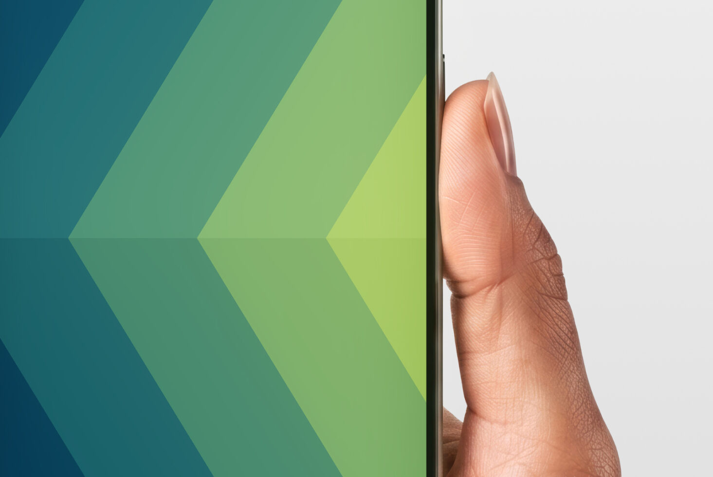 Single finger touching phone edge with teal to lime gradient display