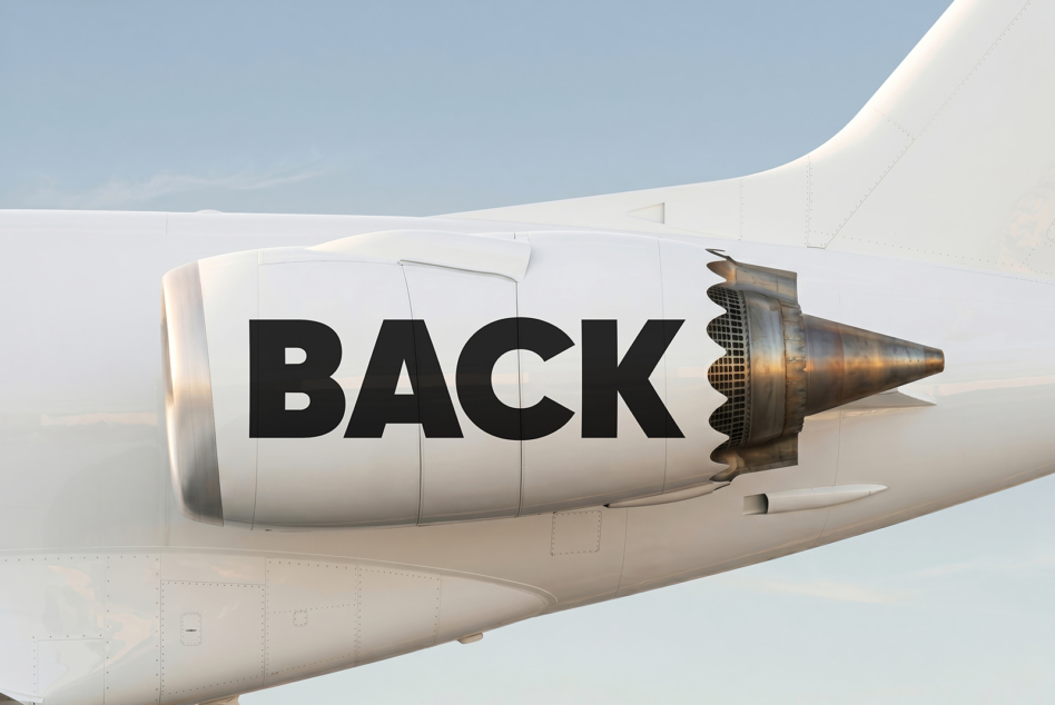 White jet engine nacelle with bold BACK text printed across the side