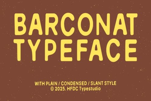Large yellow Barconat typeface title on brown textured background