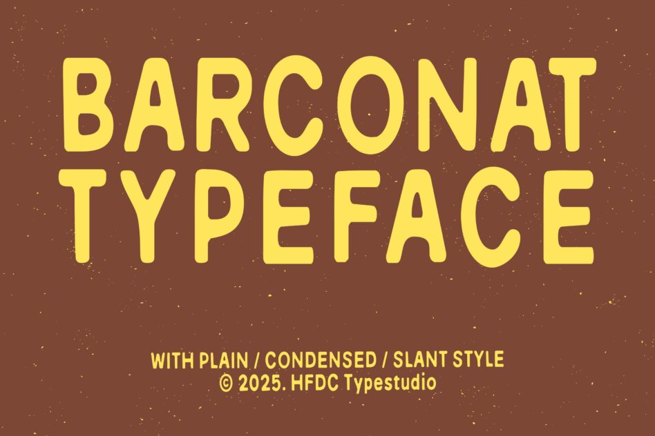 Large yellow Barconat typeface title on brown textured background