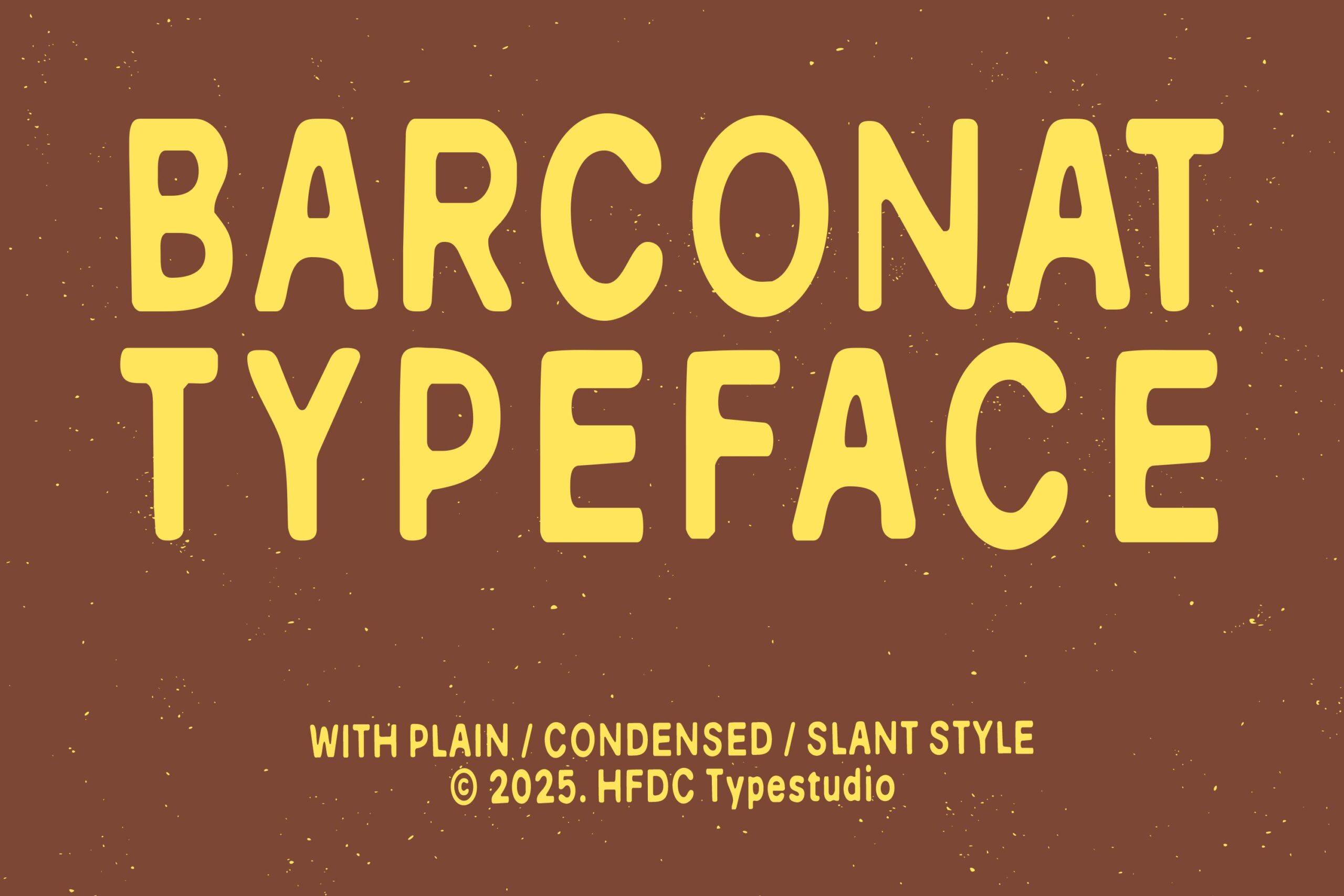 Large yellow Barconat typeface title on brown textured background