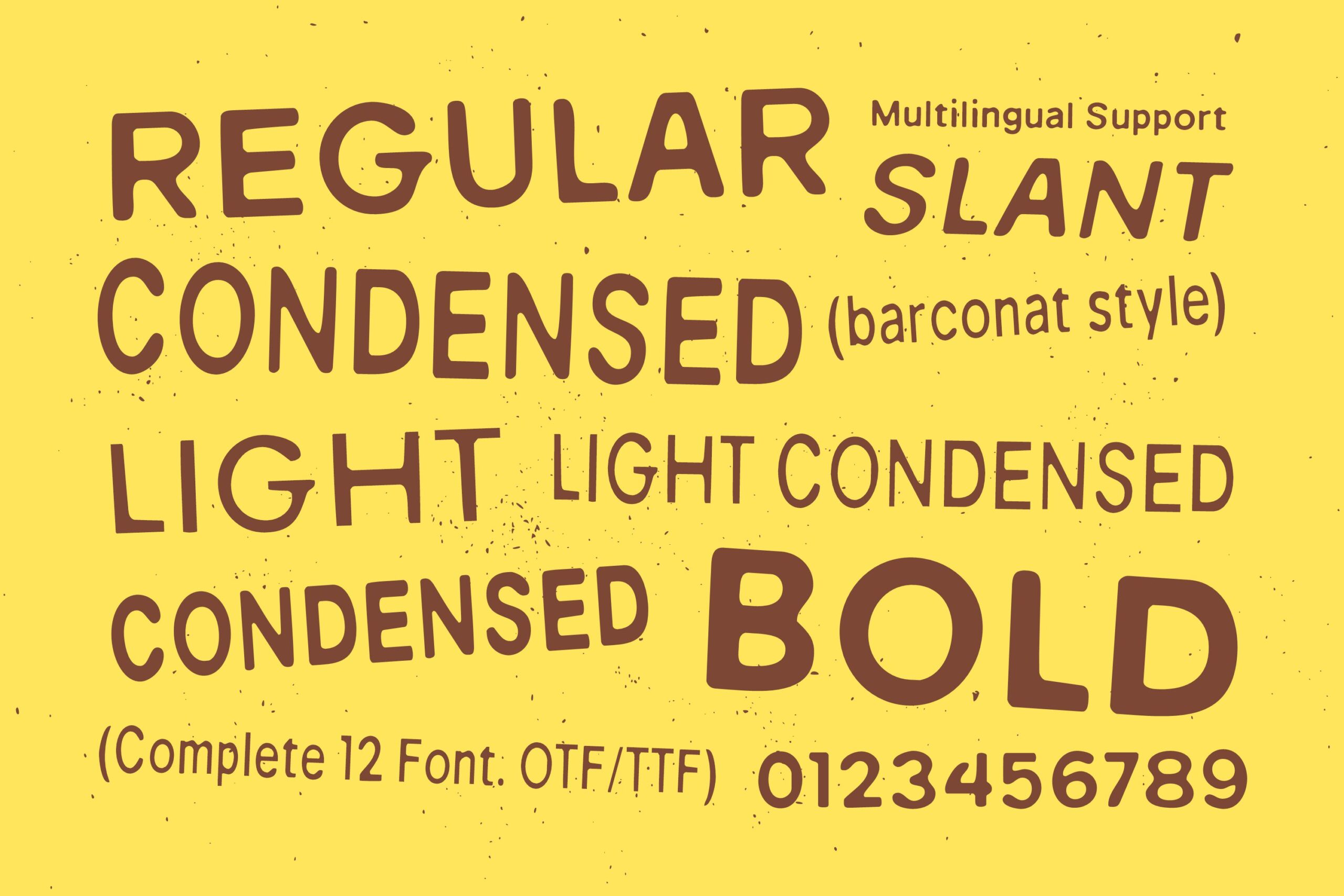 Barconat font specimen displaying multiple weights styles on yellow background