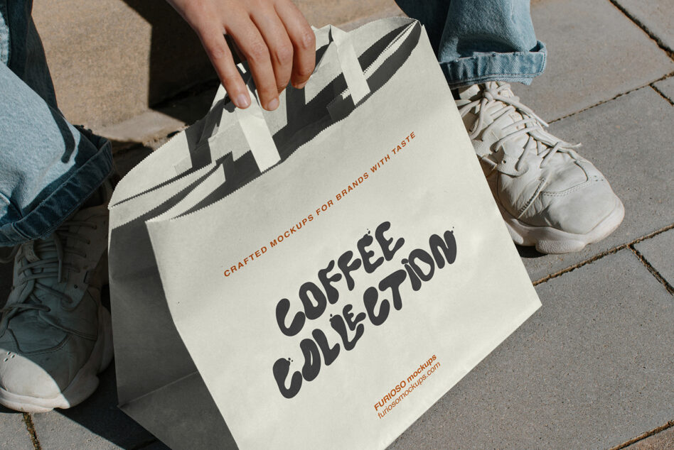 Hand holding natural cotton tote with striped pattern, Coffee Collection text