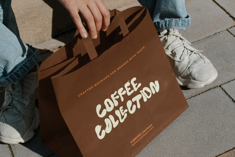 Brown paper bag mockup held up showing Coffee Collection branding in cream