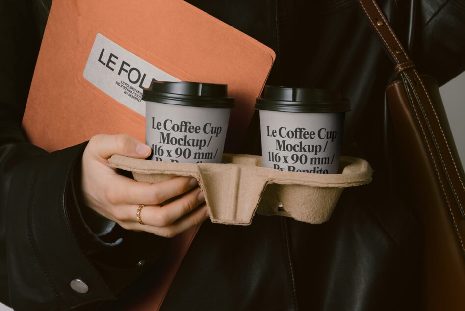 Close-up of hands holding two coffee cup mockups in carrier with orange folder background