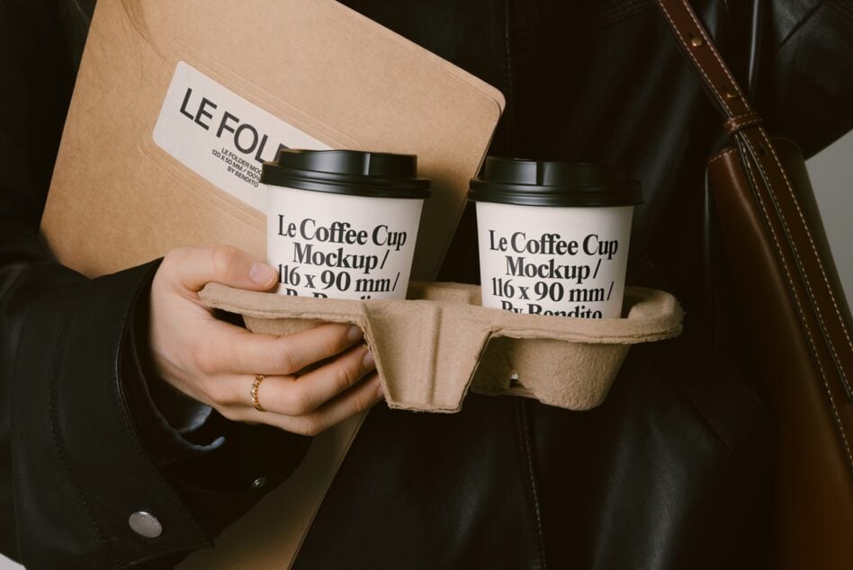 Close-up of hands holding two coffee cup mockups in carrier with beige folder background