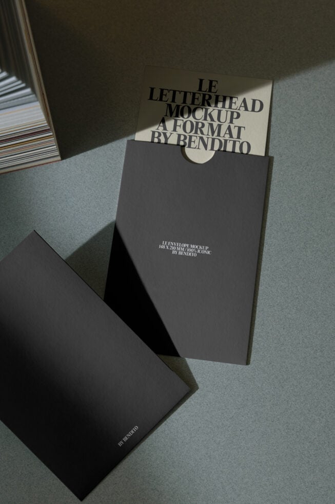 Dark envelope mockup with cream letterhead peeking out inside folder
