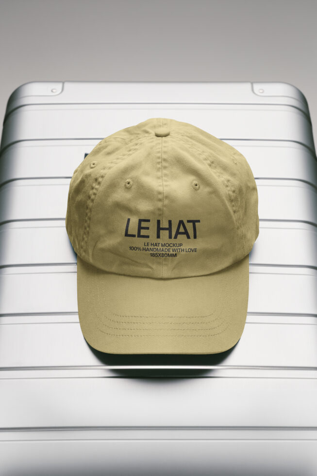 Cream baseball cap with embroidered text on white striped background