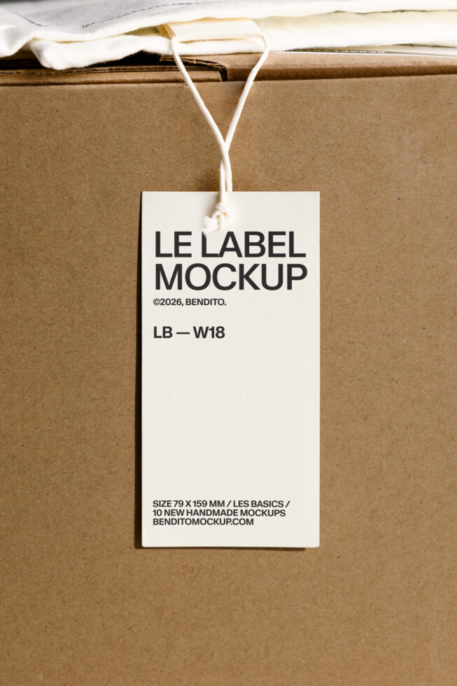 White hang tag with black text tied to kraft paper with cream string