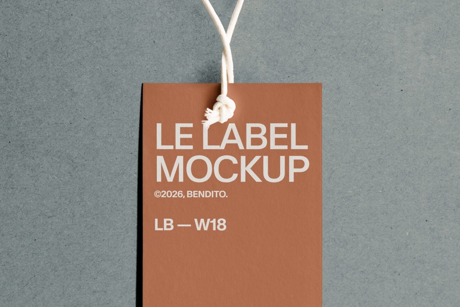 Rust colored hang tag with white text hanging on gray concrete wall