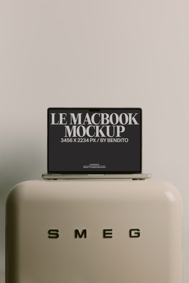 MacBook mockup on cream SMEG appliance with black screen display